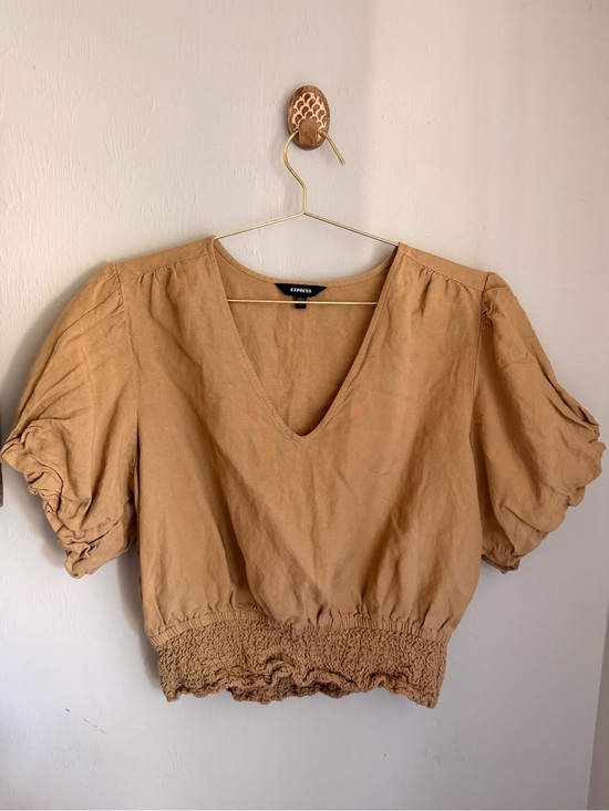 Express Tops - Express Tan Puff-Sleeve Smocked-Waist Crop Top